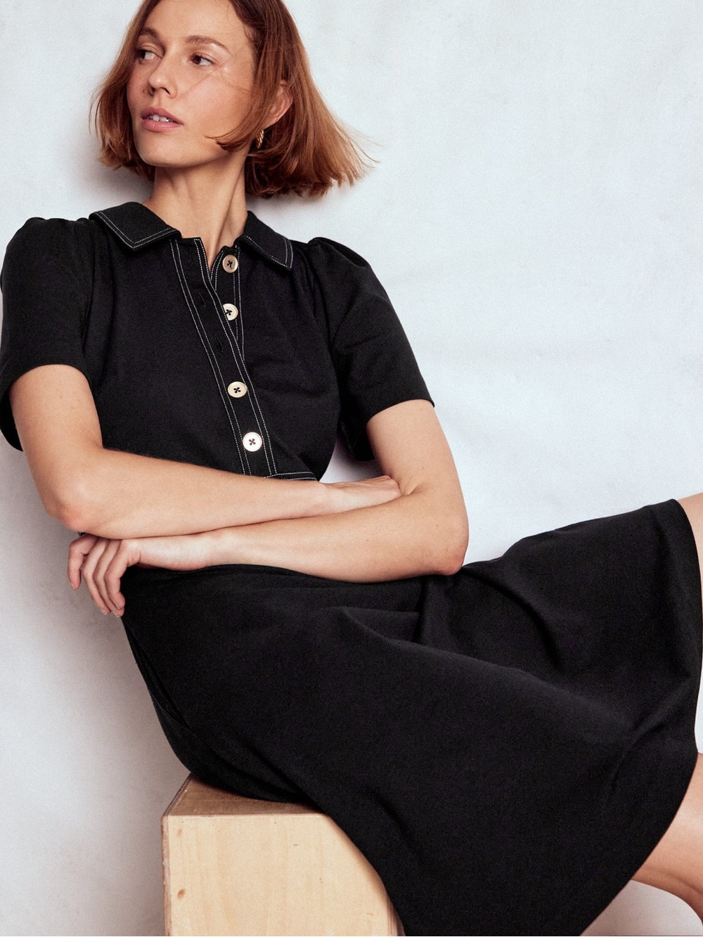 Boden Nicolette Ponte Shirt Dress Black Size 6L Tall Preppy Office Stretch